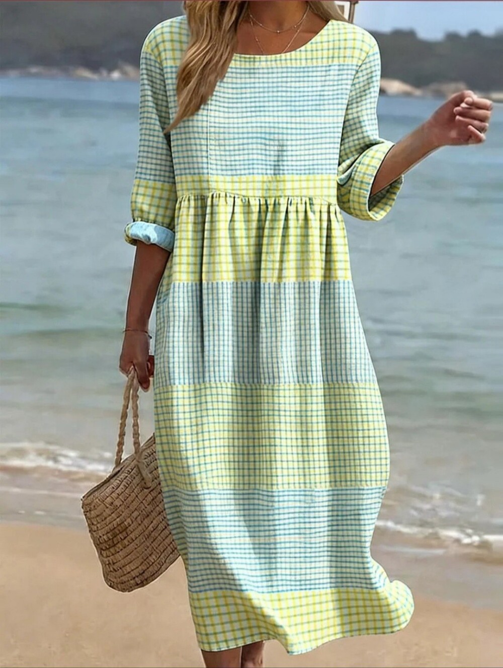 Boutique Plaid Midi Dress XL Blue Green Cottagecore Coastal Grandma Boho Beach